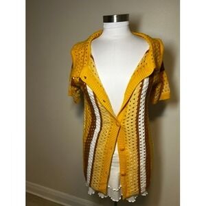 Peppermayo S/M Mustard Yellow Striped Open Knit Crochet Short Sleeve Cardigan
